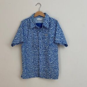Columbia PFG Boys Blue White Print Fishing Shirt Size 10-12 Vented Outdoor